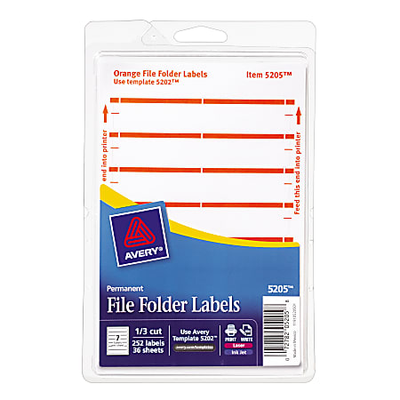 Avery® Print-Or-Write Permanent Inkjet/Laser File Folder Labels, 5205, 5/8" x 3 1/2", Orange, Pack Of 252