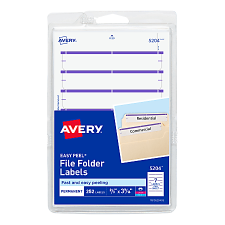 Avery® File Folder Labels On 4" x 6" Sheet With Easy Peel, 5204, Rectangle, 2/3" x 3-7/16", White With Purple Color Bar, Pack Of 252 Labels