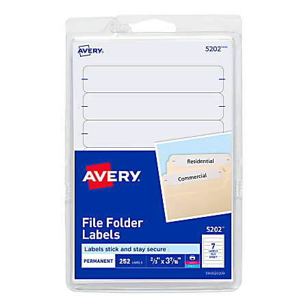 Avery® File Folder Labels On 4" x 6" Sheet With Easy Peel, 5202, Rectangle, 2/3" x 3-7/16", White, Pack Of 252 Labels