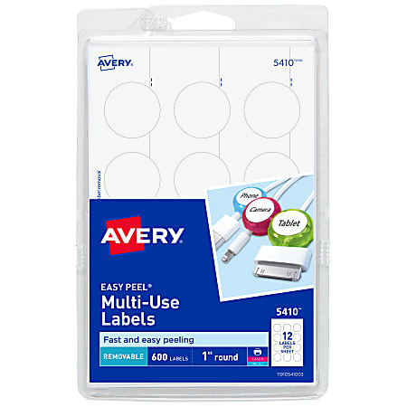 Avery® Removable Multipurpose Labels, 5410, Round, 1" Diameter, White, Pack Of 600