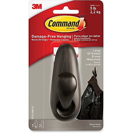 CommandLarge Forever Classic Hook, Oil Rubbed Bronze - 5 lb (2.27 kg) Capacity - for Painted Surface, Wood, Tile - Metal - Bronze - 1 Hook, 2 Strips/Pack