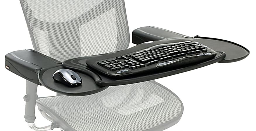 A keyboard and mouse tray attached to the armrests of an office chair