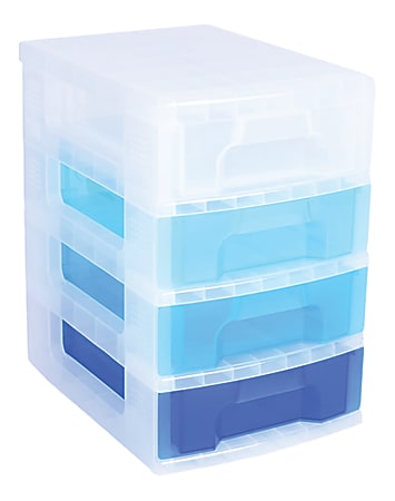 Really Useful Box® Plastic 4-Drawer Storage Tower, 7 Liters, 18" x 15 3/4" x 12", Clear/Blue