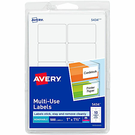 Avery® Removable Labels, 5434, Rectangle, 1" x 1-1/2", White, Pack Of 500