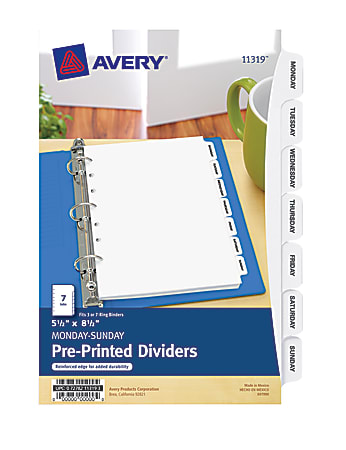 Avery® Days Of The Week Durable Dividers, 5 1/2" x 8 1/2", Pack Of 7