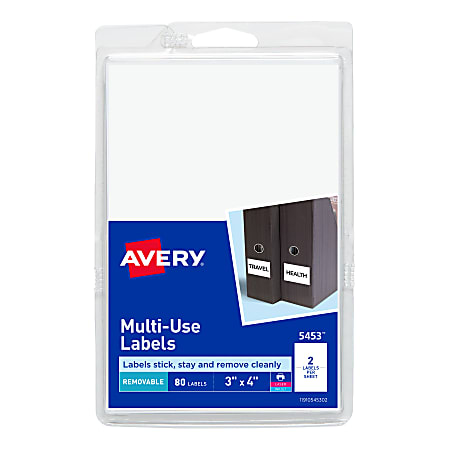 Avery® Removable Labels, 5453, Rectangle, 3" x 4", White, Pack Of 80