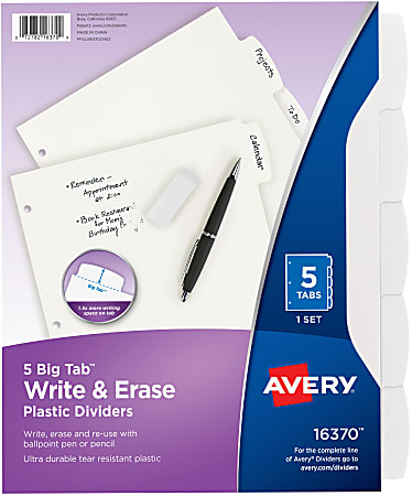 Avery® Durable Write-On Plastic Dividers With Erasable Tabs, 8 1/2" x 11", White, 5 Tabs