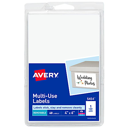 Avery® Removable Labels, 5454, Rectangle, 4" x 6", White, Pack Of 40