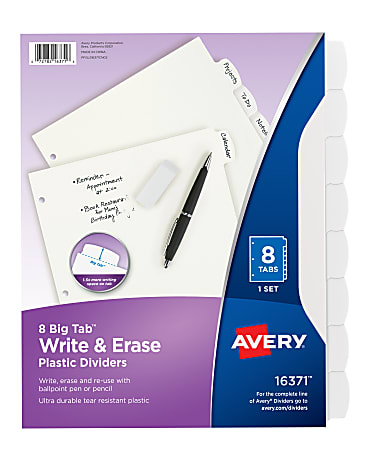 Avery® Durable Write-On Plastic Dividers With Erasable Tabs, 8 1/2" x 11", White, 8 Tabs