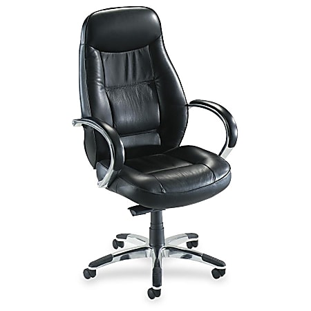 Lorell™ Ridgemoor Executive Leather High-Back Swivel Chair, 45 1/4-49"H 1/2"H x 26 1/2"W x 29"D, Silver Frame, Black Leather