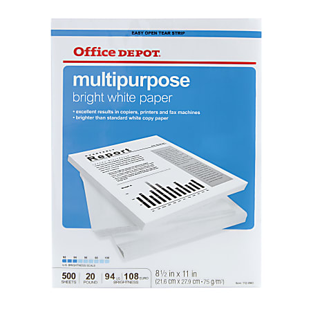 Office Depot® Multi-Use Paper, Letter Size (8 1/2" x 11"), 94 (U.S.) Brightness, 20 Lb, Ream Of 500 Sheets