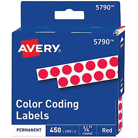 Avery® Permanent Round Color-Coding Labels, 5790, 1/4" Diameter, Red, Pack Of 450