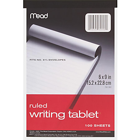 Mead Ruled Writing Tablet - 100 Sheets - Ruled - 20 lb Basis Weight - 6" x 9" - White Paper - 1 Each