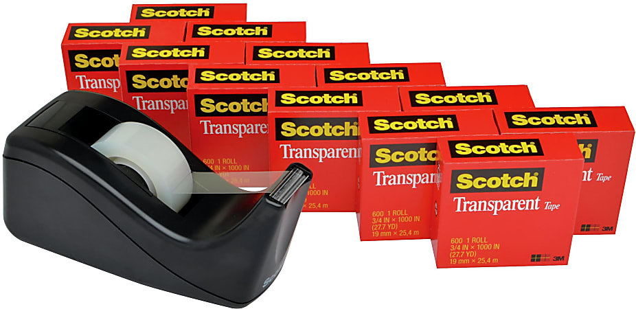 Scotch Transparent Tape with Dispenser, 3/4 in x 1000 in, 12 Tape Rolls, 1 Tape Dispenser, Home Office and School Supplies