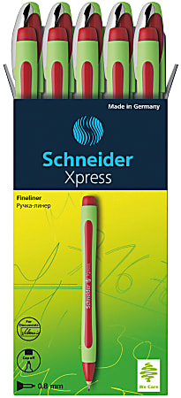 Schneider Xpress Porous-Point Pens, Needle Point, 0.8 mm, Assorted Barrels, Red Ink, Pack Of 10