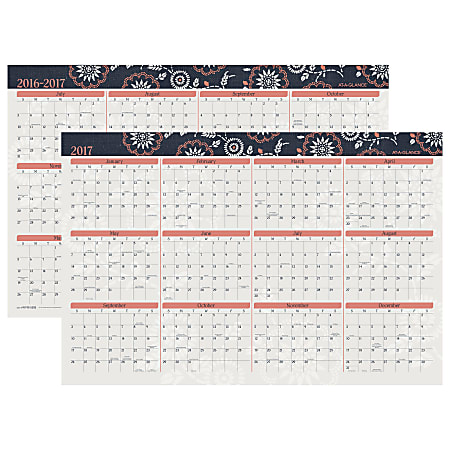 AT-A-GLANCE® Horizontal Academic/Regular Year Erasable Wall Calendar, 24" x 36", Nikko, July 2016 to December 2017