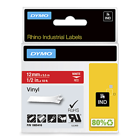 DYMO® Rhino Vinyl Label Tape, 1/2" x 18", White/Red
