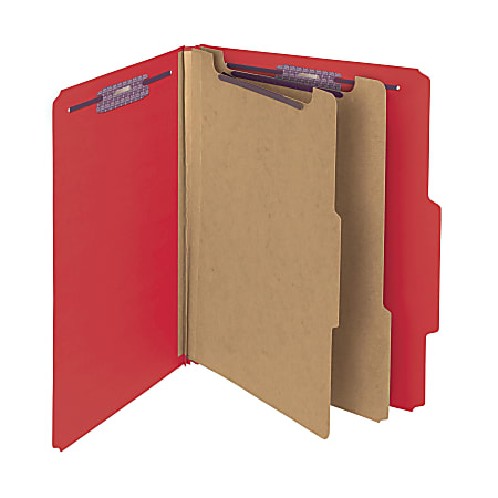 Smead® Classification Folders, Pressboard With SafeSHIELD® Fasteners, 2 Dividers, 2" Expansion, Letter Size, Bright Red, Box Of 10