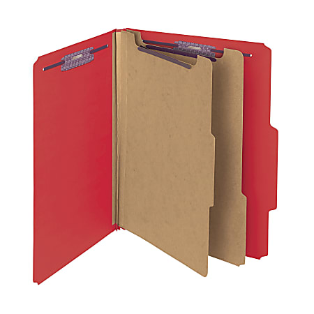 Smead® Classification Folders, Pressboard With SafeSHIELD® Fasteners, 2 Dividers, 2" Expansion, Letter Size, 50% Recycled, Bright Red, Box Of 10