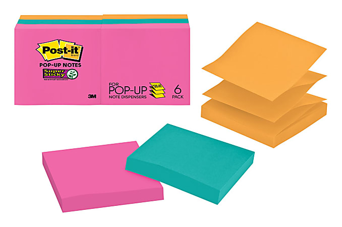 Post-it Super Sticky, 3 in x 3 in, 6 Pads, 90 Sheets/Pad, Pop-Up Notes, Assorted Colors