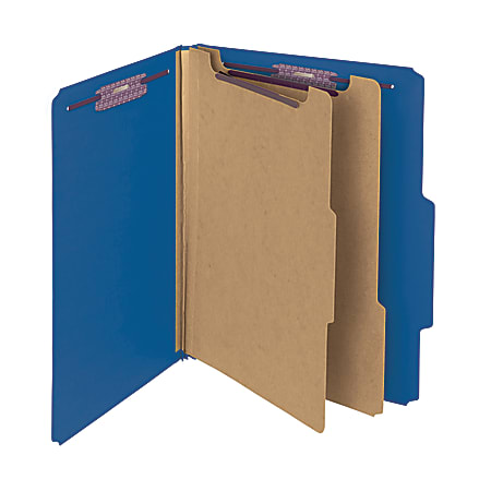 Smead® Classification Folders, Pressboard With SafeSHIELD® Fasteners, 2 Dividers, 2" Expansion, Letter Size, Dark Blue, Box Of 10