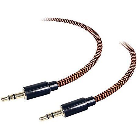 Tough Tested 6FT. Braided Fabric Cable 3.5MM Aux. - 6 ft Mini-phone Audio Cable for Audio Device - First End: 1 x Mini-phone Male Audio - Second End: 1 x Mini-phone Male Audio - Shielding - Gold Plated Connector - Black, Orange