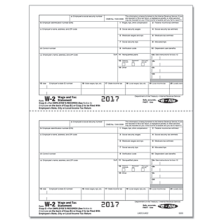 ComplyRight W-2 Inkjet/Laser Tax Forms For 2017, Employee Copy C, 2-Up, 8 1/2" x 11", Pack Of 2,000 Forms