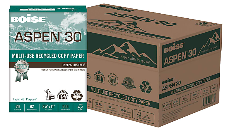 Boise® ASPEN® 30 Multi-Use Printer & Copy Paper, White, Letter (8.5" x 11"), 5000 Sheets Per Case, 20 Lb, 92 Brightness, 30% Recycled, FSC® Certified