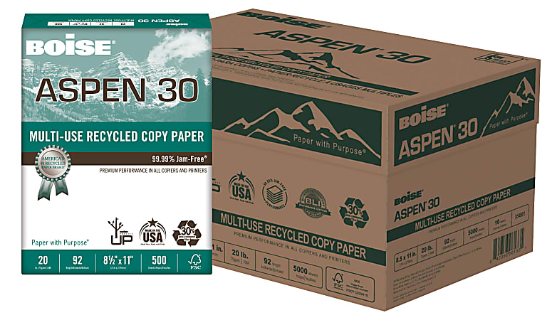 Boise® ASPEN® 30 Multi-Use Printer & Copy Paper, White, Letter (8.5" x 11"), 5000 Sheets Per Case, 20 Lb, 92 Brightness, 30% Recycled, FSC® Certified, Case Of 10 Reams