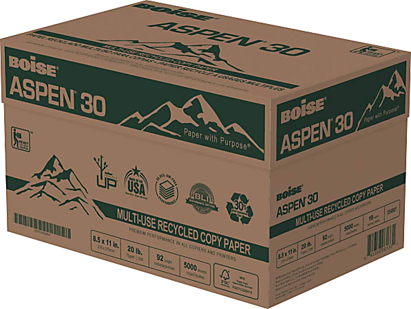 Boise ASPEN 30 Multi-Use Printer & Copier Paper, Legal Size (8 1/2 x 14),  Ream Of 500 Sheets, 92 (U.S.) Brightness, 20 Lb, 30% Recycled, FSC  Certified, White