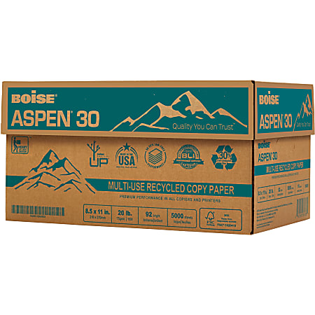 Boise ASPEN 30 3 Hole Punched Multi Use Printer Copier Paper Letter Size 8  12 x 11 5000 Total Sheets 92 U.S. Brightness 20 Lb 30percent Recycled FSC  Certified White 500 Sheets Per Ream Case Of 10 Reams - Office Depot