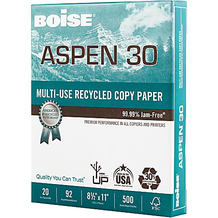 Boise ASPEN 30 Multi-Use Printer & Copier Paper, Letter Size (8 1/2 x 11),  5000 Total Sheets, 92 (U.S.) Brightness, 20 Lb, 30% Recycled, FSC  Certified, White, 500 Sheets Per Ream, Case Of 10 Reams - ASE Direct