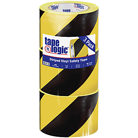 BOX Packaging Striped Vinyl Tape, 3" Core, 3" x 36 Yd., Black/Yellow, Case Of 3