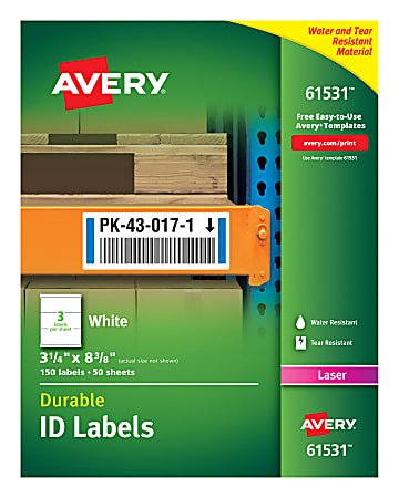 Avery® Permanent Durable ID Labels With TrueBlock®, 61531, Rectangle, 3-1/4" x 8-3/8", White, Pack Of 150