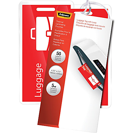 Fellowes Luggage Tag With Loop Pouches, Glossy, 2.50" x 4.25", 5 mil Thick, Clear, Pack Of 50