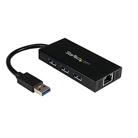 StarTech.com 3 Port Portable USB 3.0 Hub with Gigabit Ethernet Adapter NIC - Aluminum w/ Cable