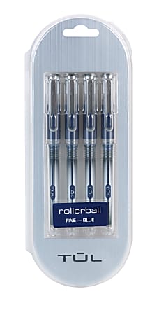 TUL® RB1 Rollerball Pens, Fine Point, 0.5 mm, Silver Barrel, Blue Ink, Pack Of 4 Pens