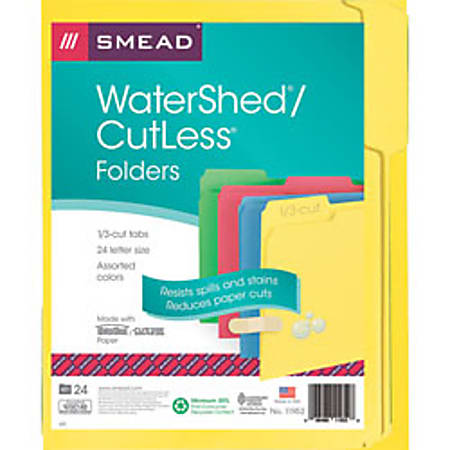 Smead® WaterShed®/CutLess® File Folders, Letter Size, 1/3 Cut, 30% Recycled, Manila, Box Of 100