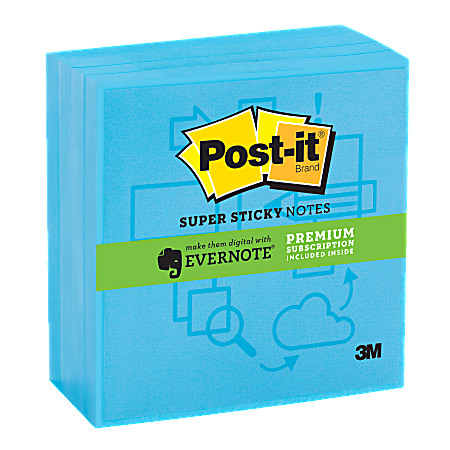 Post-it® Super Sticky Notes — Evernote® Collection, 3" x 3", Electric Blue, 90 Sheets Per Pad, Pack Of 4 Pads