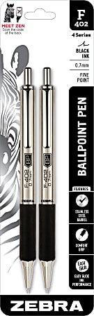 Zebra® F-402 Stainless Steel Retractable Ballpoint Pens, Fine Point, 0.7 mm, Stainless Steel Barrel, Black Ink, Pack Of 2
