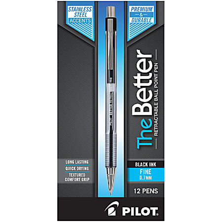 Pilot® Better™ Retractable Ballpoint Pens, Fine Point, 0.7 mm, Translucent Black Barrel, Black Ink, Pack Of 12