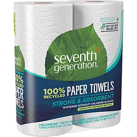 Seventh Generation 100 Pct Recycled Paper Towels - 2 Ply - 11" x 5.40" - 140 Sheets/Roll - White - Paper - Dye-free, Fragrance-free, Non-chlorine Bleached, Absorbent - For Home, School, Office - 24 / Carton