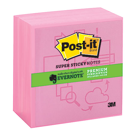Post-it® Super Sticky Notes — Evernote® Collection, 3" x 3", Neon Pink, 90 Sheets Per Pad, Pack Of 4 Pads