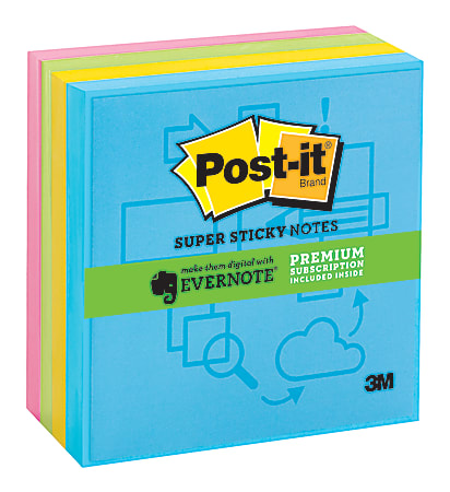 Post-it® Super Sticky Notes — Evernote® Collection, 3" x 3", Assorted Colors, 90 Sheets Per Pad, Pack Of 4 Pads