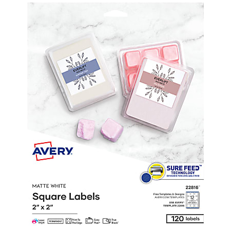 Avery® Print-To-The-Edge Permanent Inkjet/Laser Labels, 22816, Square, 2" x 2", White, Pack Of 120