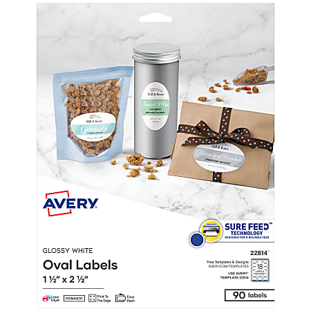 Avery® Printable Blank Labels, 22814, Oval, 1.5" x 2.5", Glossy White, Pack Of 90 Customizable Labels