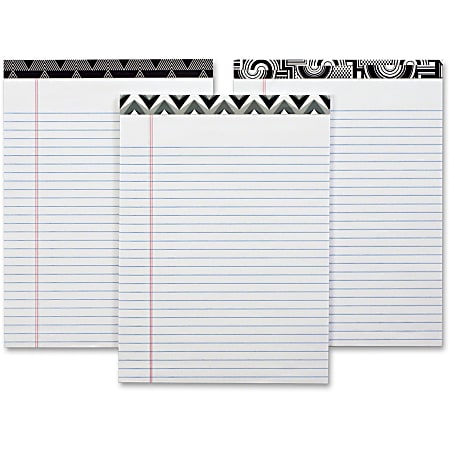 TOPS Fashion Writing Pads - Letter - 50 Sheets - Double Stitched - Ruled Red Margin - 15 lb Basis Weight - 8 1/2" x 11 3/4" - 1.2" x 11.8"8.5" - White Paper - Black/White Binder - Perforated, Acid-free - 6 / Pack