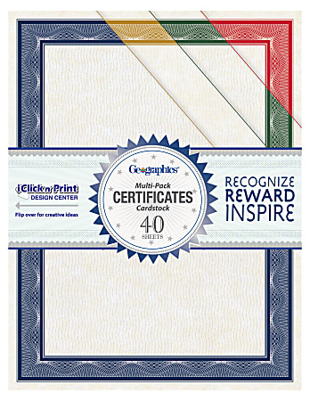 Geographics Traditional Awards Certificates - 60 lb Basis Weight - 8.5" x 11" - Inkjet Compatible - White with Multicolor Border - Card Stock - 40 / Pack