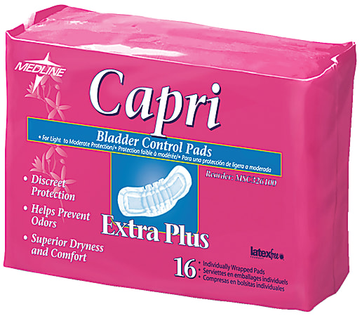 Capri Bladder Control Pads, Extra Plus, 3" x 10 1/2", White, 16 Pads Per Bag, Case Of 9 Bags