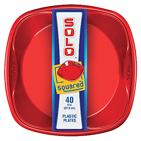 Solo® Squared Plastic Plates, 9", Red, 40 Plates Per Pack, Carton Of 8 Packs